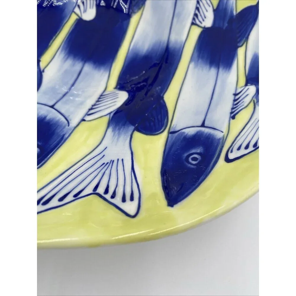 John Newdigate Ceramics West Elm Large Centerpiece Bowl Blue Yellow Fish 10.5”